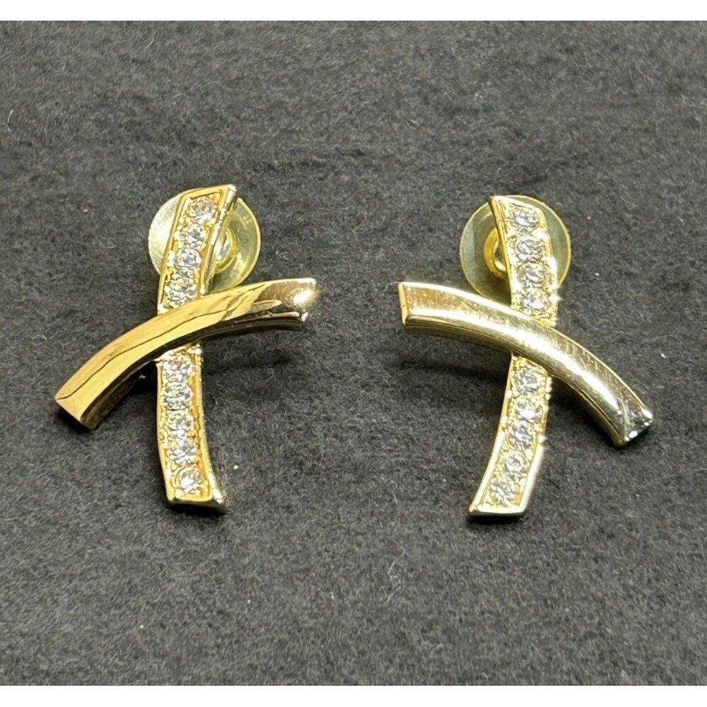 Anne Klein Gold Tone "X" Shape Rhinestone Stud Pierced Earrings J303